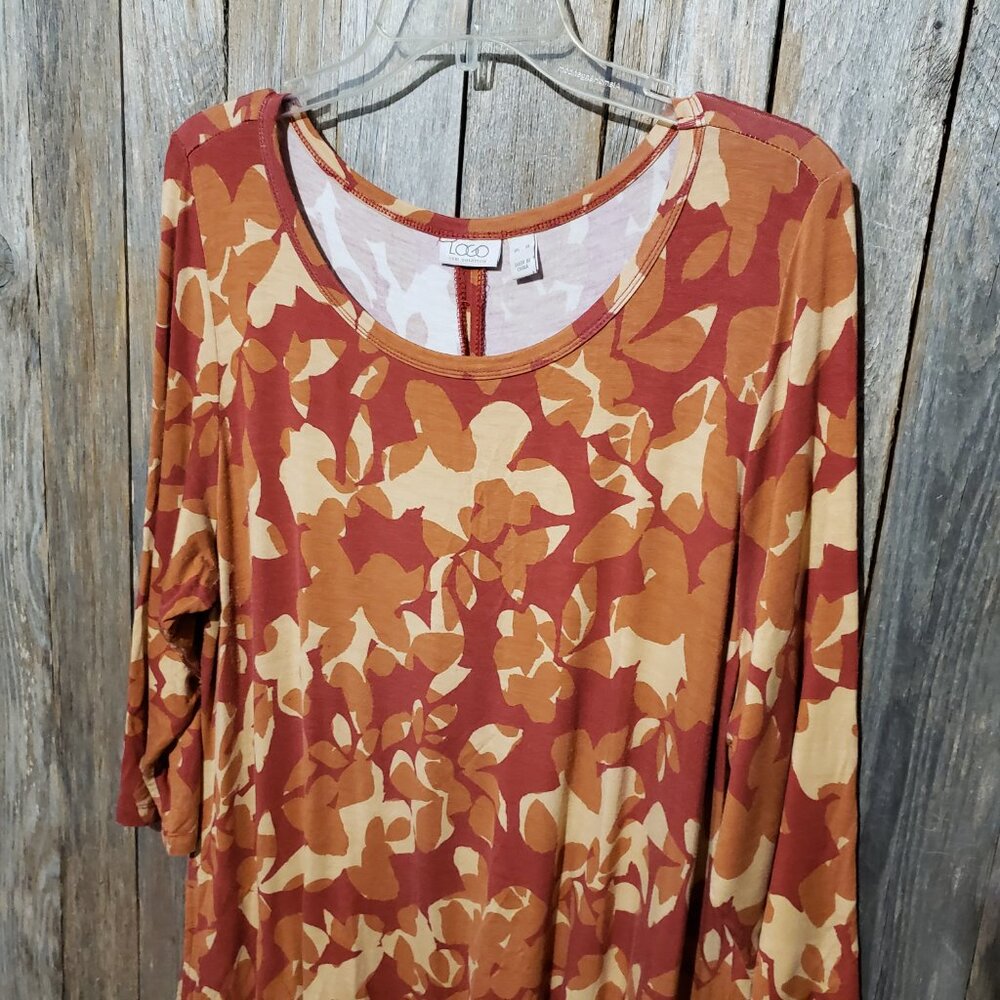 LOGO Lori Goldstein XL Top Tunic Knit Stretch Orange Peach Floral Boho Comfy - Picture 3 of 8